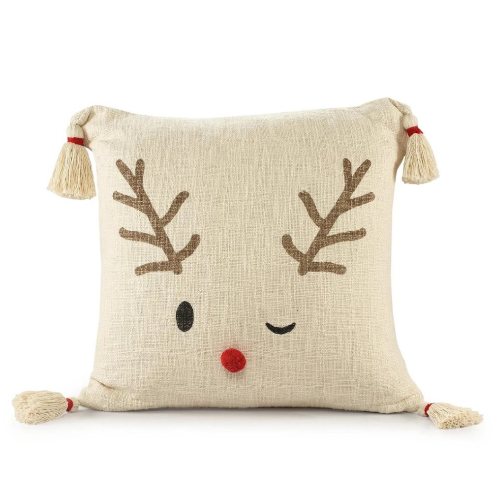CLEARANCE! NWT / Reindeer Winking Throw Pillow, 20"x20", Cotton